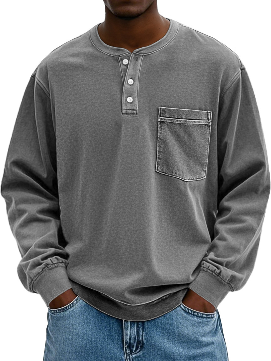 Men's Stylish Vintage Distressed Pocket Lapel Long-sleeved Henley Shirt