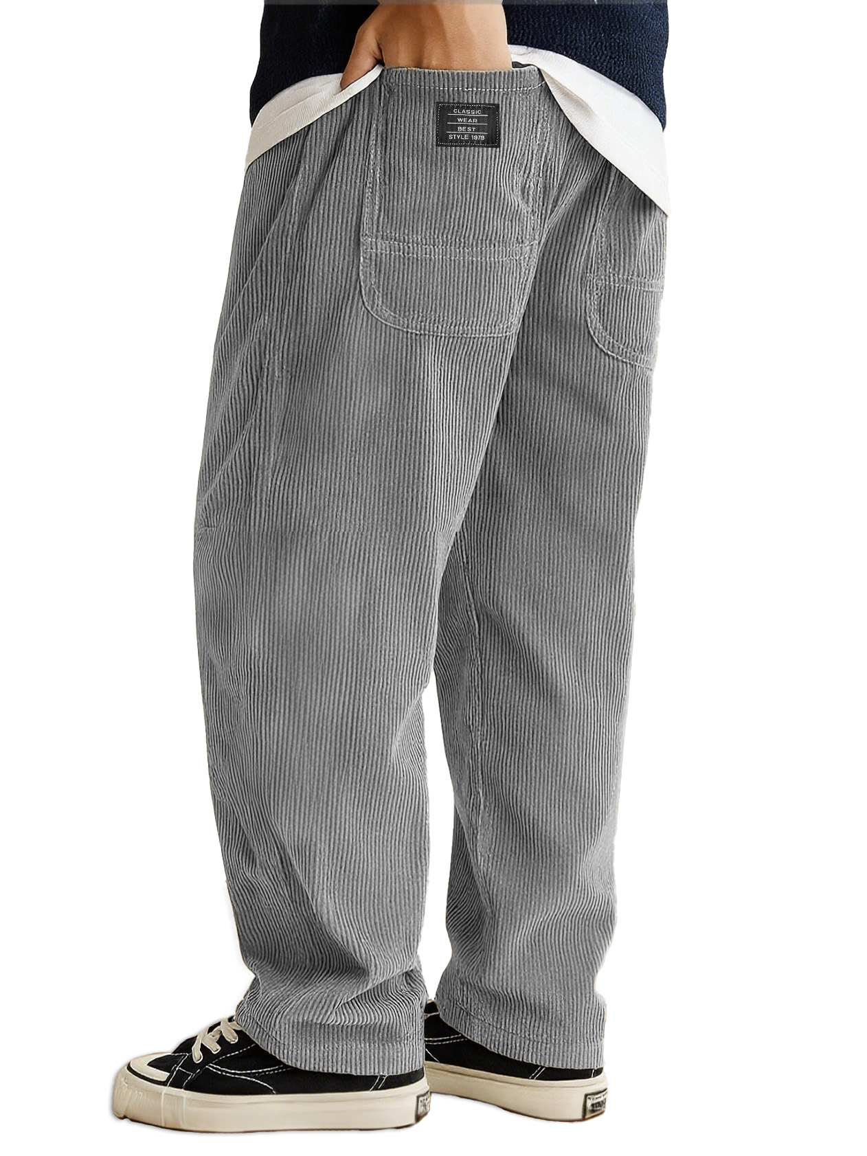 Men's Stylish Everyday Corduroy Ribbed Fabric Pants With Loose-fitting Drawstring Waist And Embroidered Logo