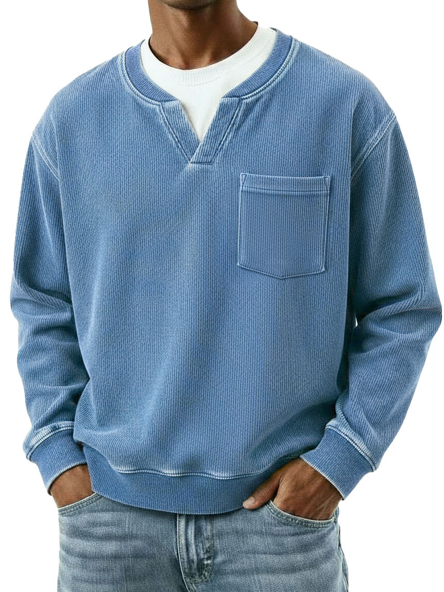 Men's Fashionable Casual Ribbed Fabric Faux Two-Piece Pocket Long-Sleeve T-Shirt