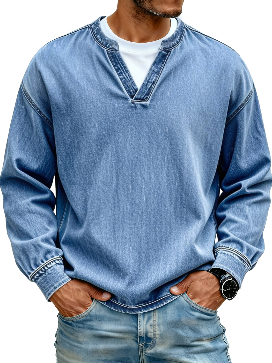 Retro Minimalist Faux Two-piece Design Casual Long-sleeved T-shirt