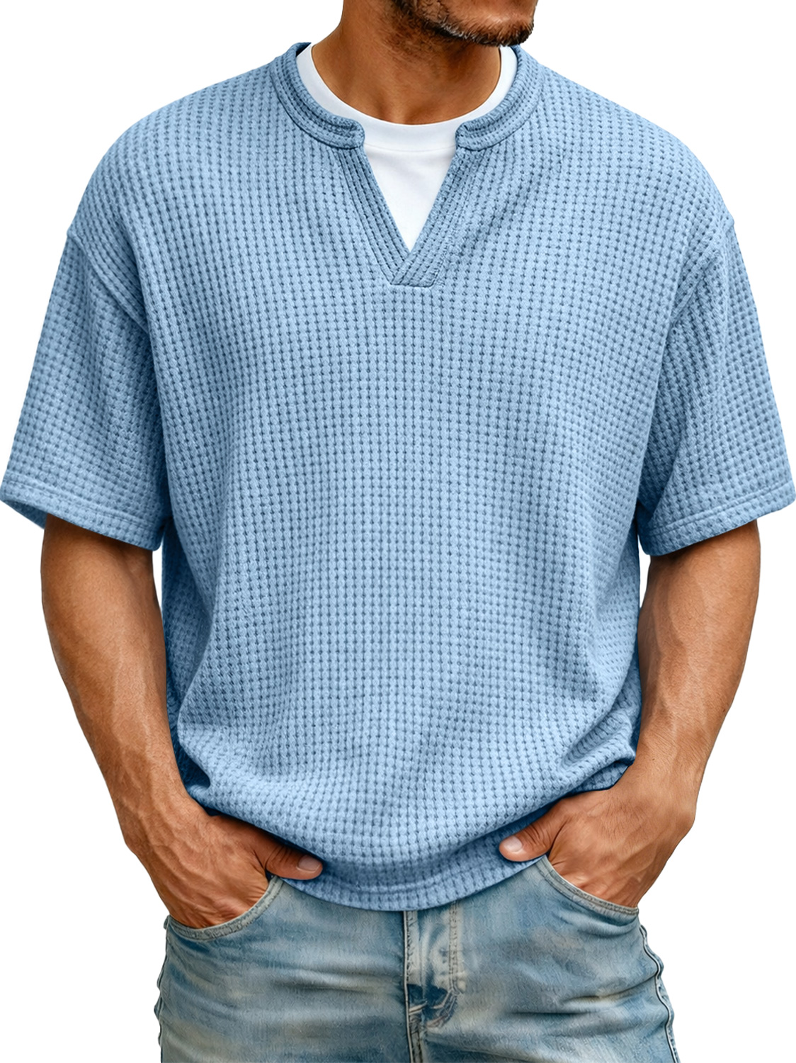 Men's Waffle-knit Two-piece Look Casual Solid Color Short-sleeved T-shirt