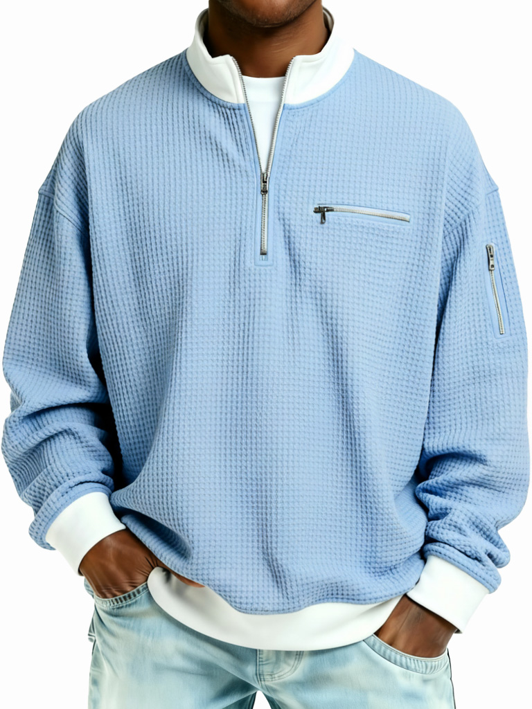 Men's Fashion Casual Patchwork Zipper Stand Collar Waffle Gown Long-Sleeve Top