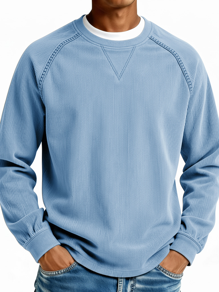 Men's Fashionable Casual Retro Ribbed Fabric Long-Sleeve Crew Neck Top