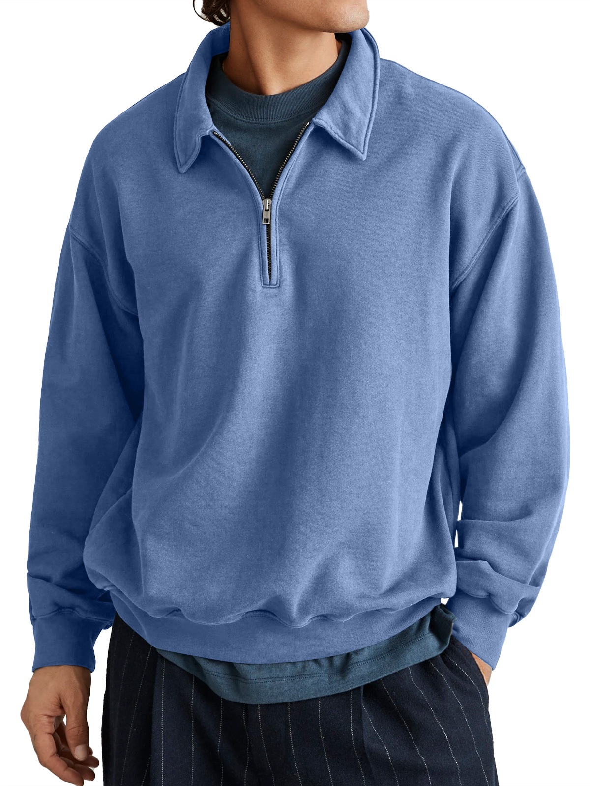 Men's Casual Lapel Zipper Solid Color Comfortable POLO Shirt