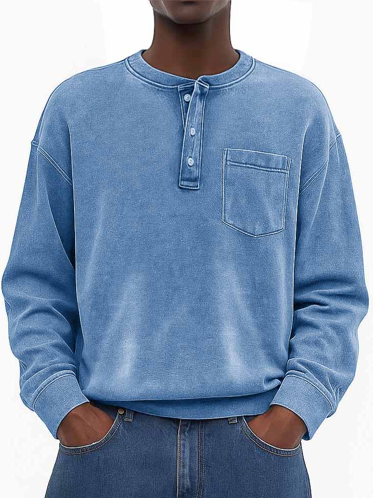 Men's Stylish Vintage Washed And Distressed Fabric Loose-fitting Long-sleeved Henley Shirt With Pockets