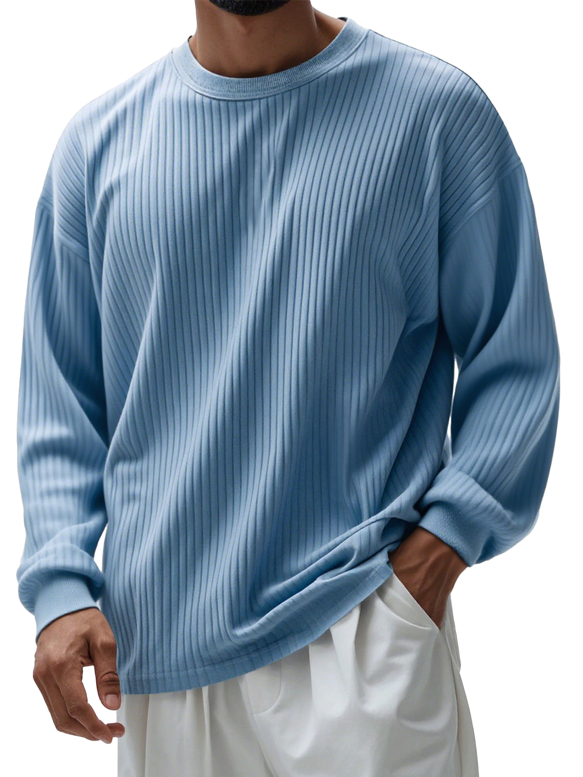 Men's Casual Round Neck Ribbed Comfortable Long Sleeve T-shirt