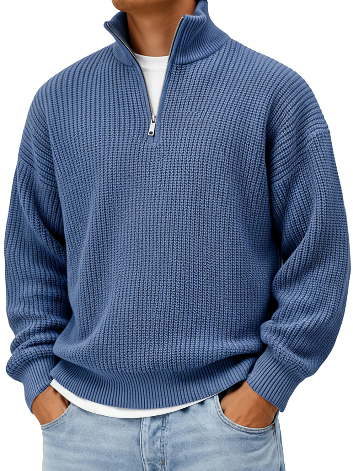 Men's Loose Stand-up Collar Zip-up Knit Solid Color Sweater