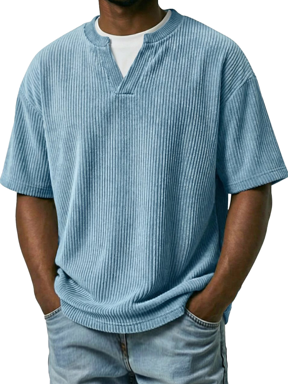 Men's Corduroy Faux Two-piece Double-collar Casual Short-sleeved T-shirt