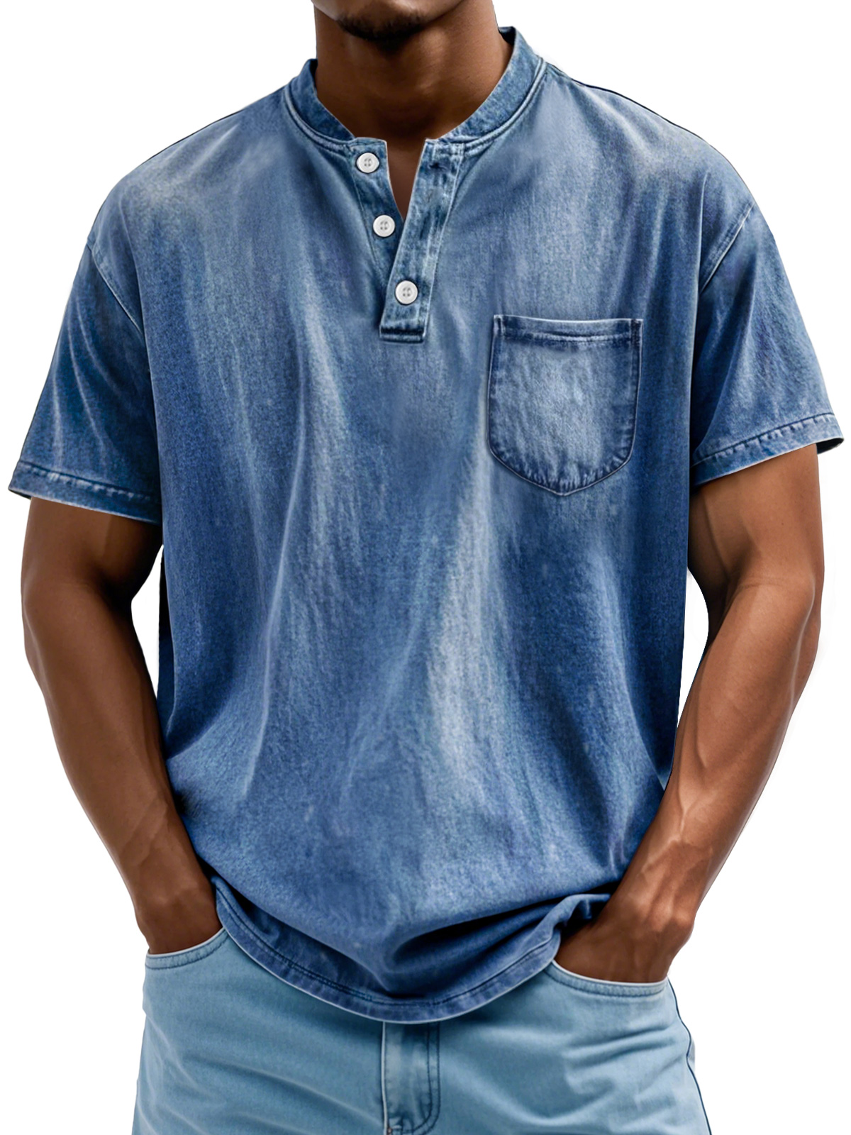 Men's Retro Stand Collar Pocket Casual Solid Color Short Sleeve Henley Shirt