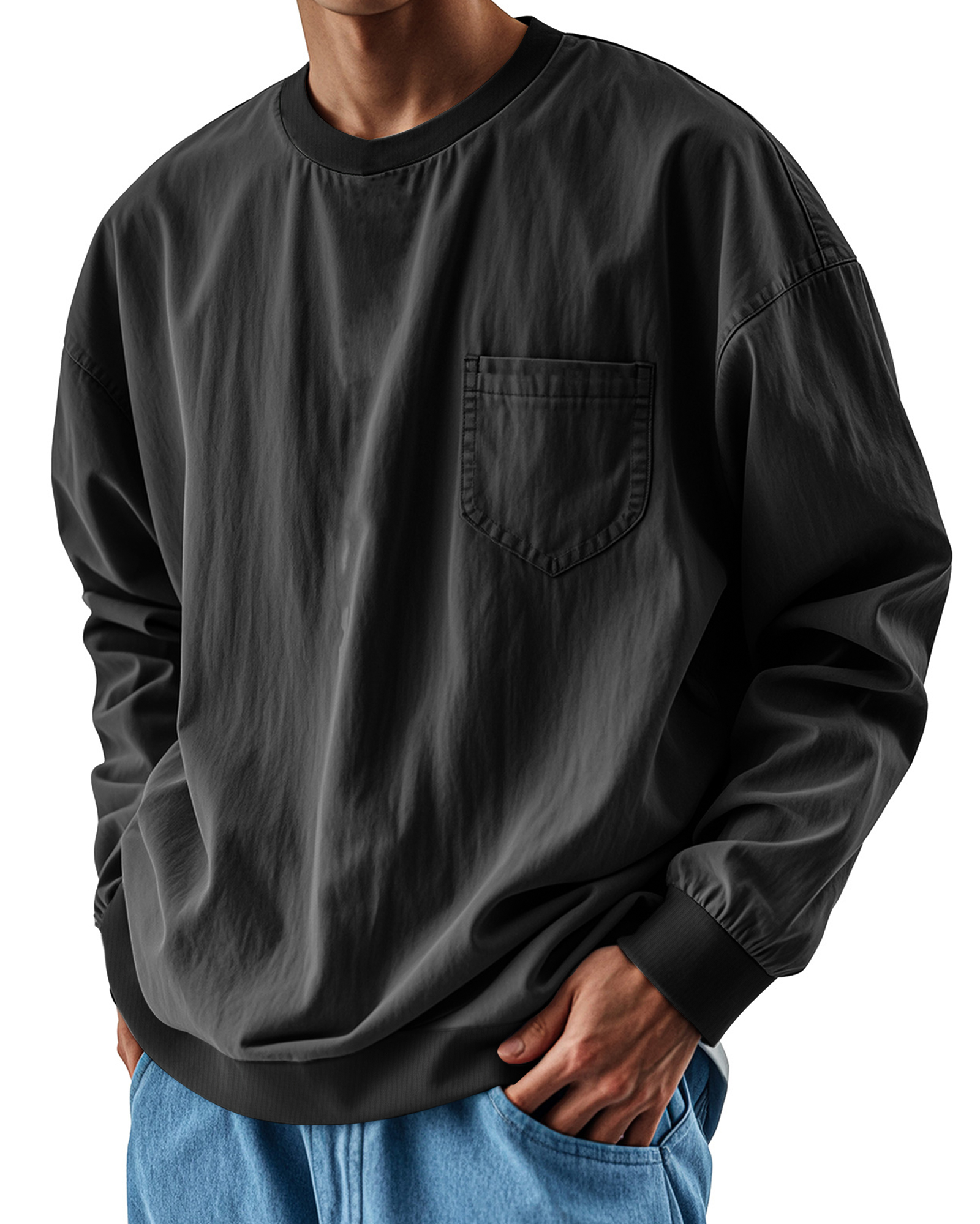 Men's Fashionable Round Neck Casual Pocket Long Sleeve Top