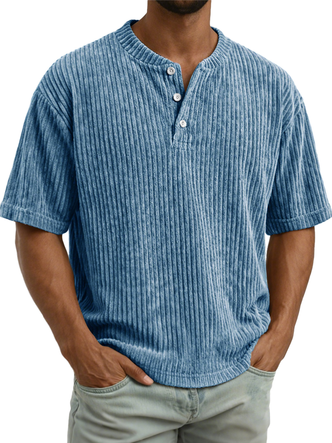 Men's Vintage Corduroy Casual Solid Color Short-sleeved Henley Shirt