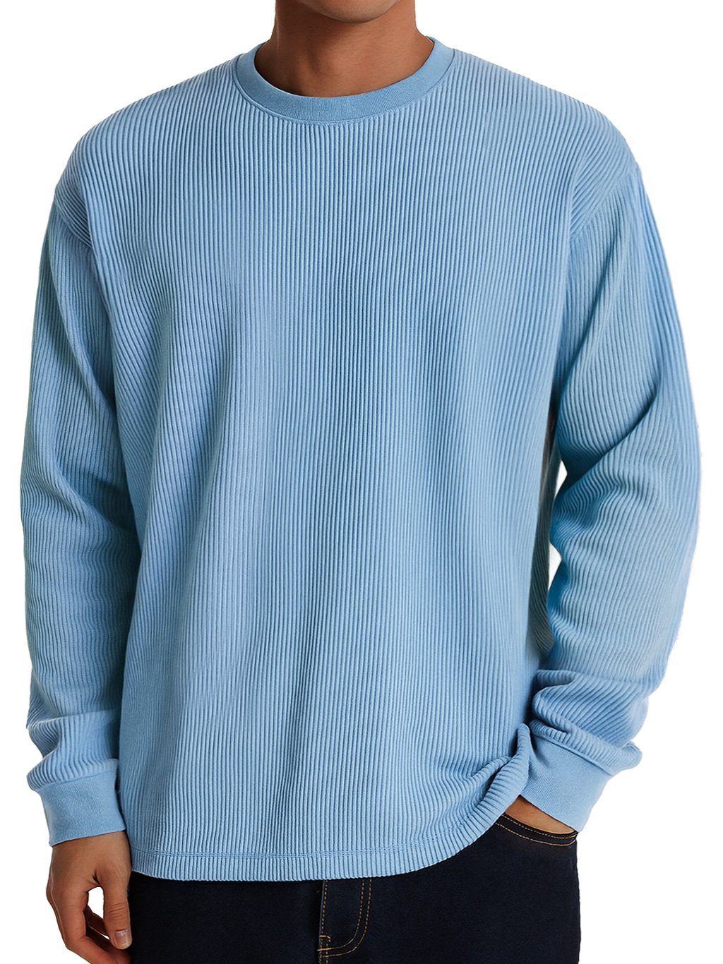 Men's Casual Round Neck Ribbed Comfortable Long Sleeve T-shirt
