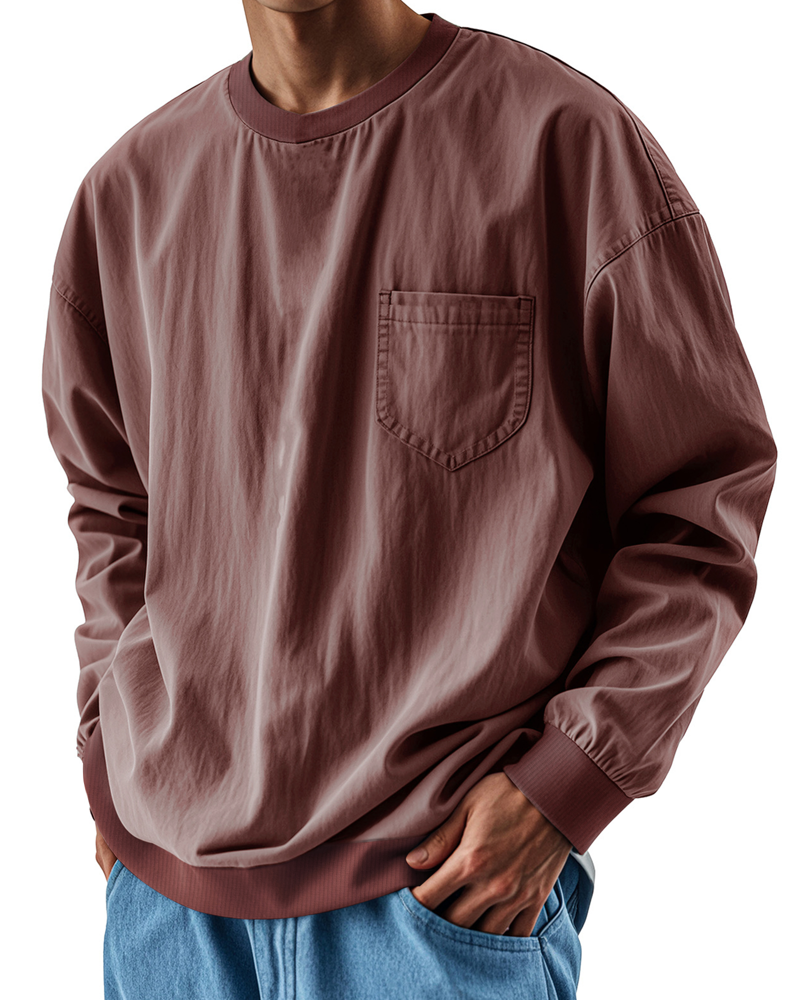 Men's Fashionable Round Neck Casual Pocket Long Sleeve Top