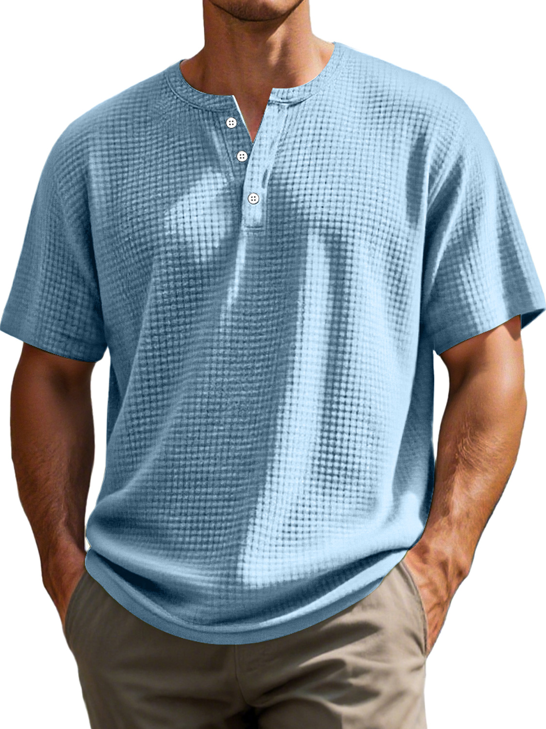 Men's Everyday Waffle Casual Solid Color Short Sleeve Henley Shirt
