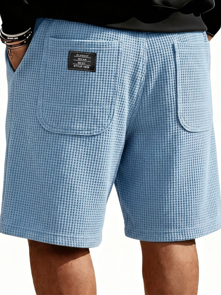 Men's Fashion Casual Waffle Gown with Double Pockets Loose Shorts