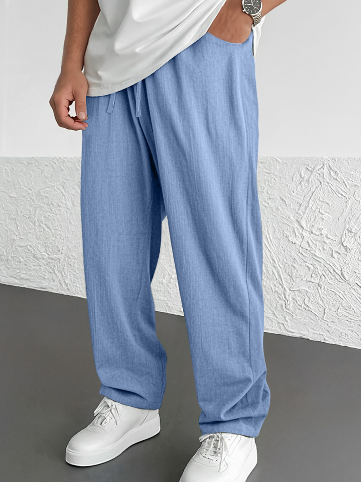 Men's Summer Daily Cotton And Linen Elastic Waist Casual Solid Color Comfortable Trousers