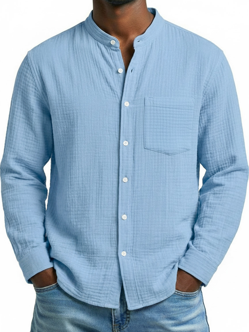 Men's Fashion Casual Retro Stand-Up Collar Pleated Fabric Long-Sleeve Shirt