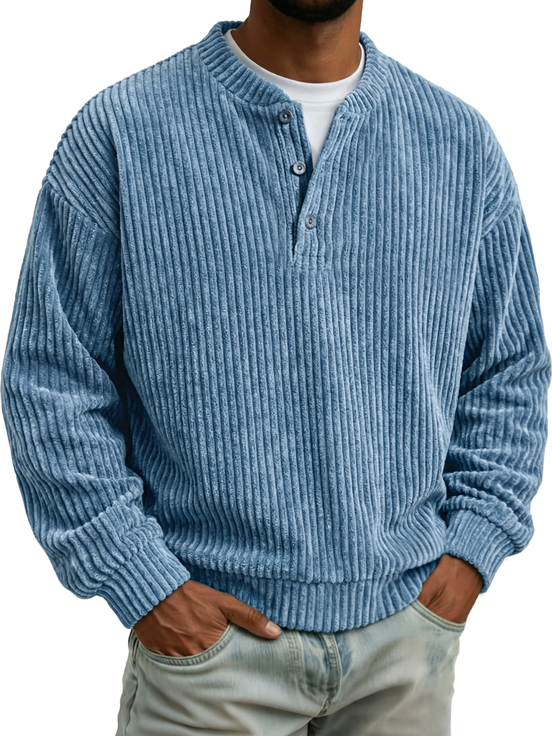 Men's Vintage Corduroy Solid Color Long-sleeved Henley Shirt