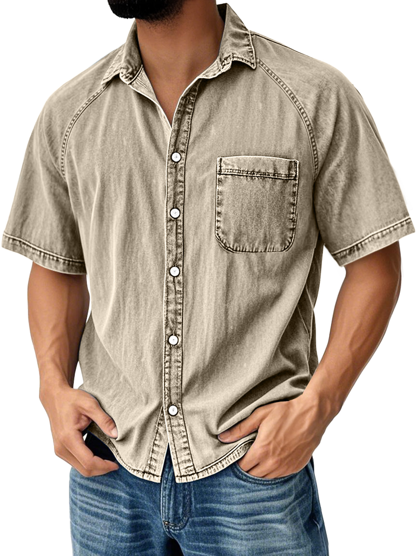 Men's Retro Raglan Pocket Casual Short-Sleeve Shirt