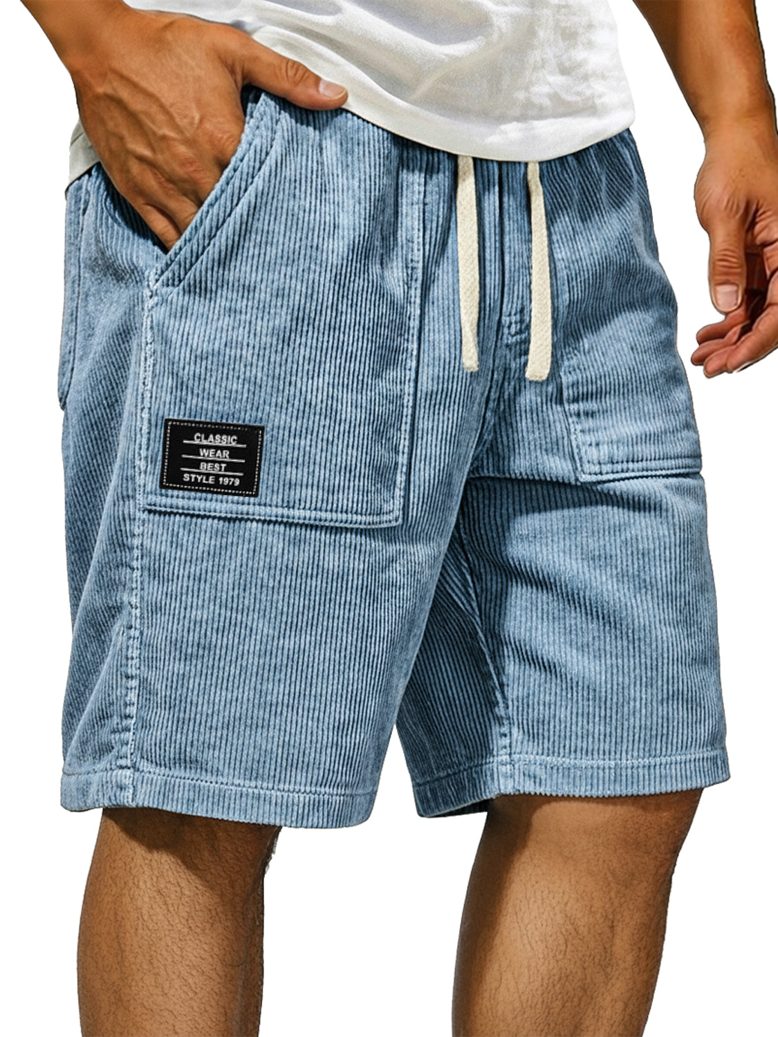 Men's Vintage Corduroy Shorts With Patch Pockets And Embroidered Logo