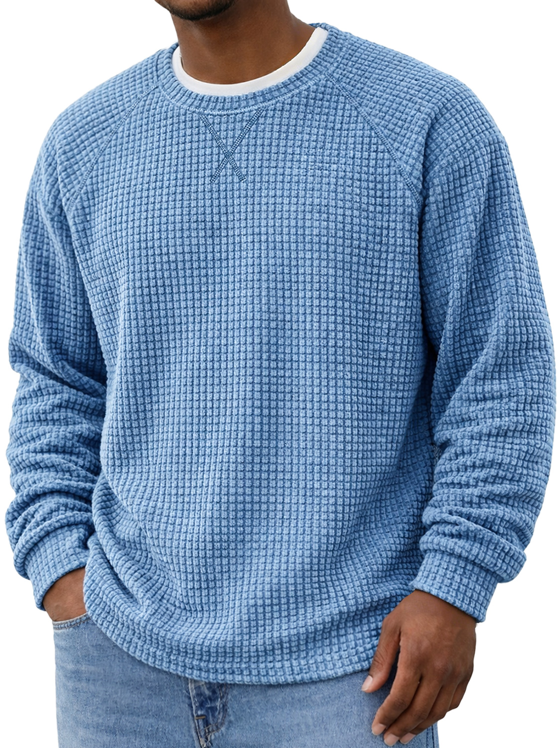 Men's Crew Neck Raglan Sleeve Corduroy Waffle Knit Long-sleeved T-shirt With Crossover Design