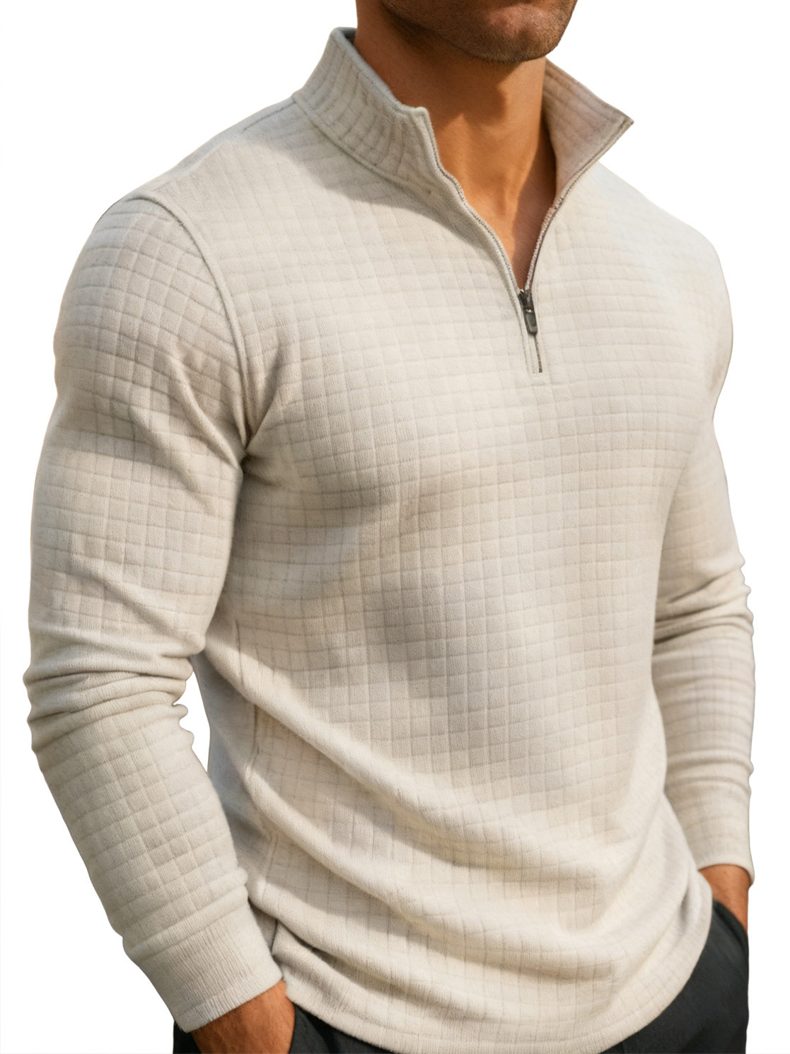 Men's Casual Fashion Waffle Knit Stand Collar Zips Sweatshirt