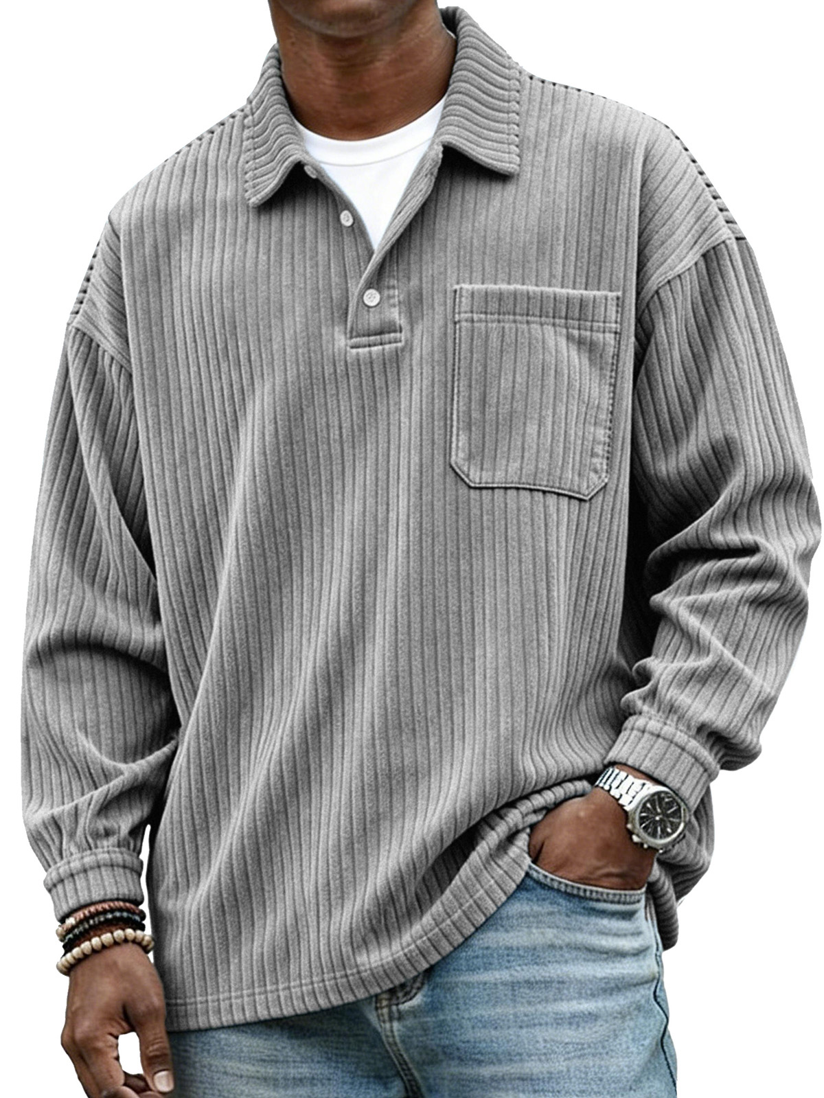  Stylish Casual Loose Corduroy Fabric Lapel Pockets Long-sleeved Polo Shirt 
