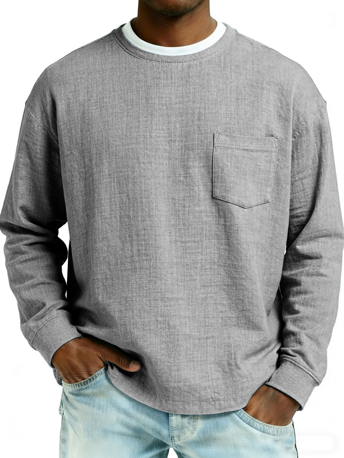 Men's Fashionable Casual Linen Fabric Pocket Long-Sleeved Top