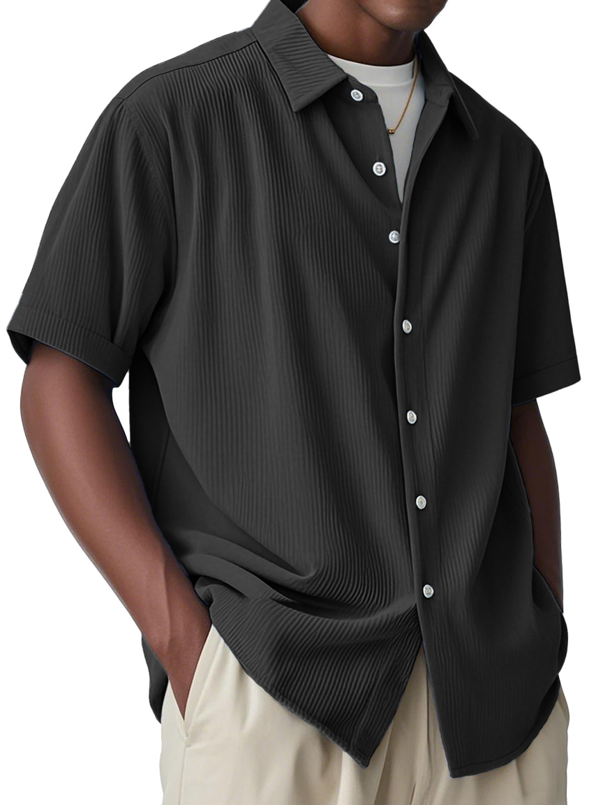 Men's Fashion Casual Striped Fabric Lapel Short-sleeved Shirt