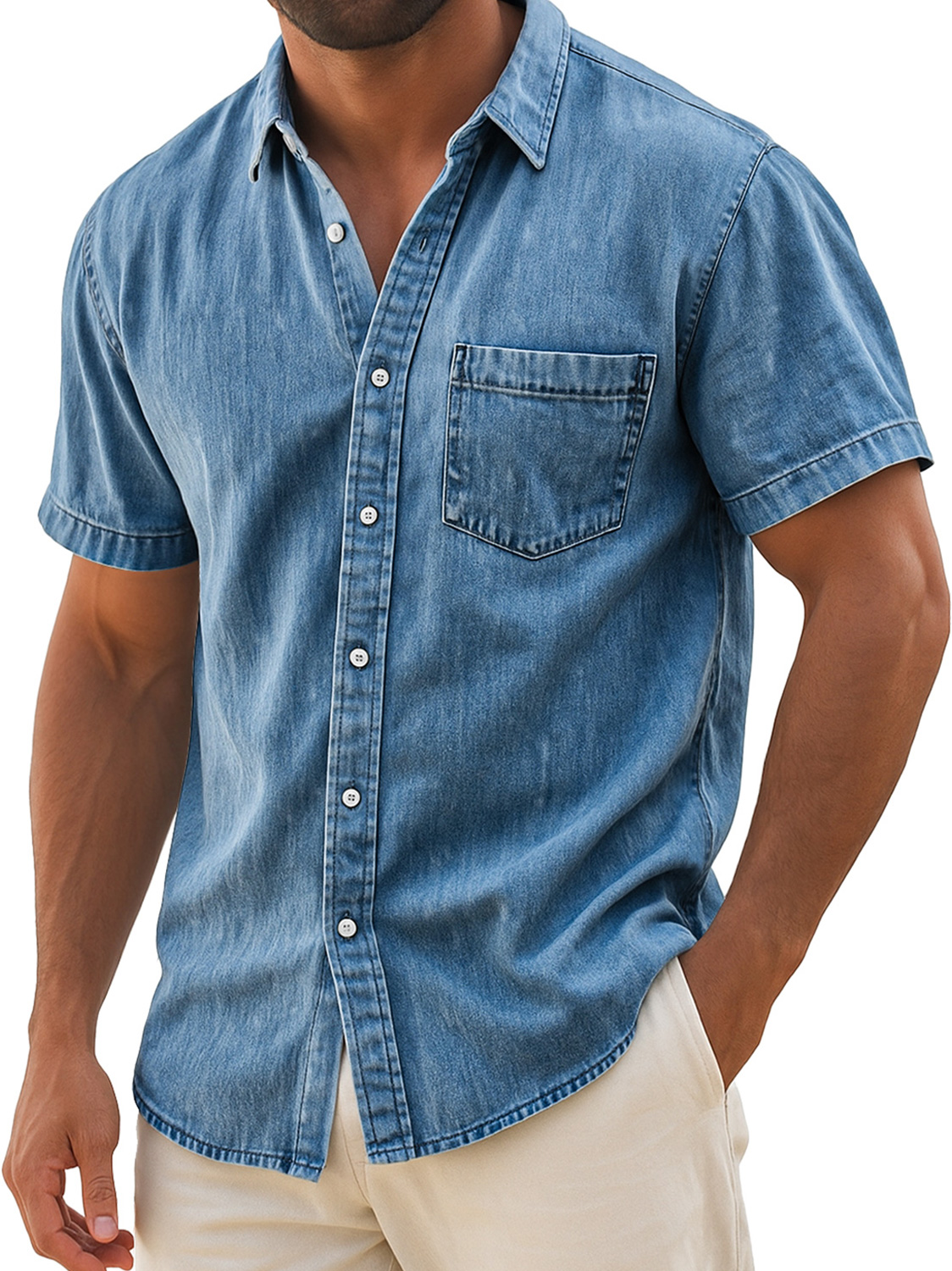 Men's Retro Casual Lapel Pocket Solid Color Short Sleeve Shirt