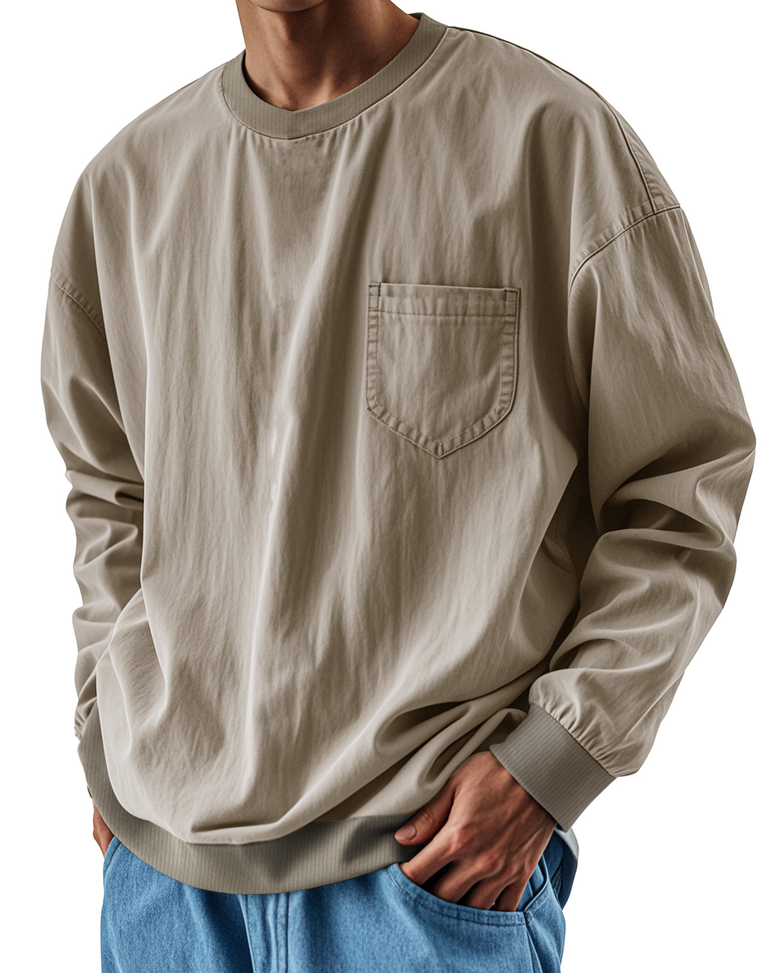 Men's Fashionable Round Neck Casual Pocket Long Sleeve Top