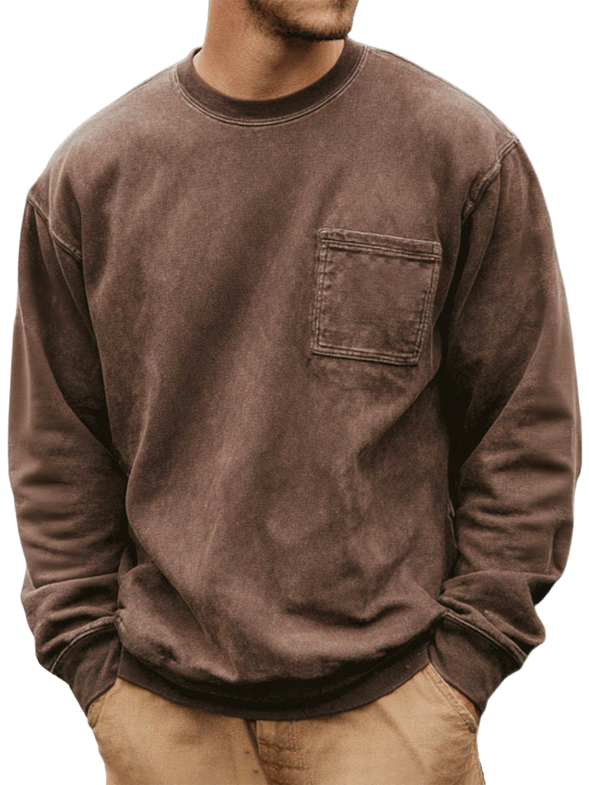 Men's Washed And Distressed Vintage Round Neck Pocket Basic Casual Long-sleeved T-shirt