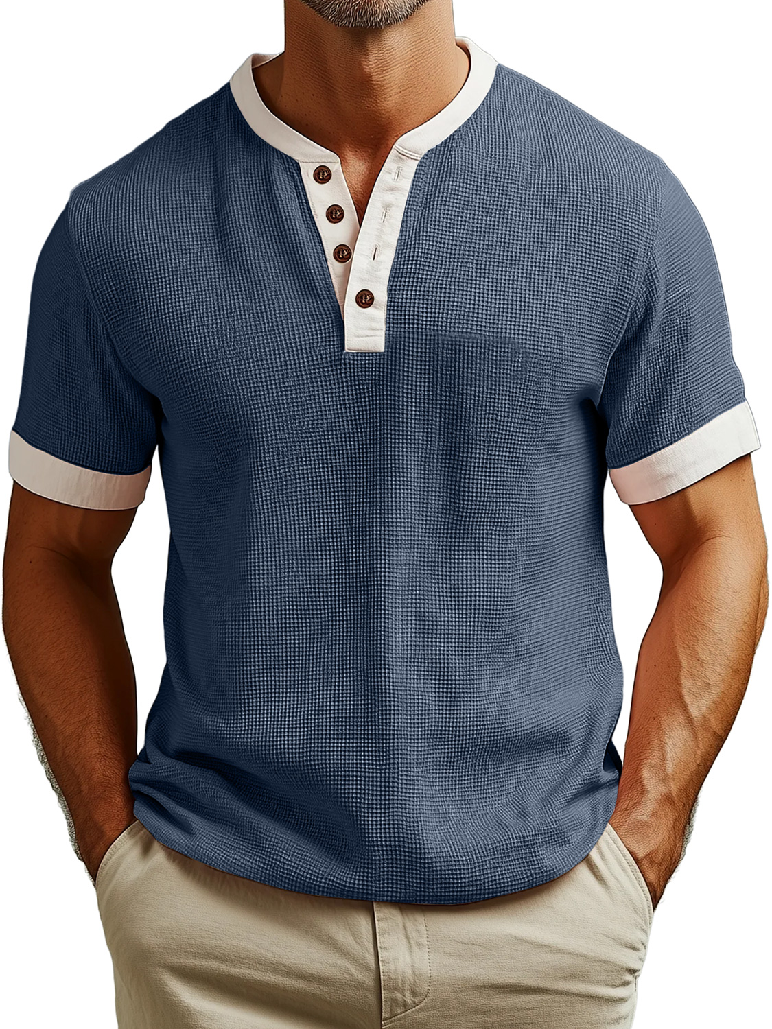 Men's Everyday Waffle Colorblock Casual Short Sleeve Henley Shirt