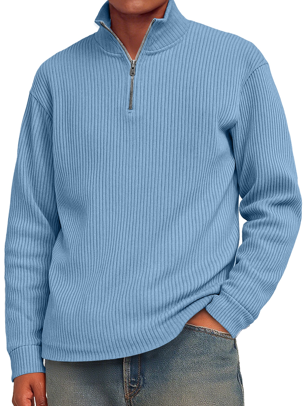 Men's Fashion Striped Stand Collar Zipper Casual Long Sleeve T-shirt