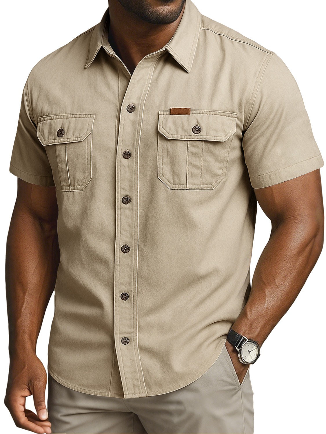 Men's Vintage Double Pocket Embroidered Leather Label Casual Work Shirt