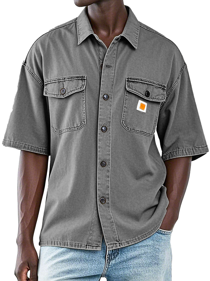 Men's Retro Workwear Double Pocket Lapel Short-sleeved Shirt