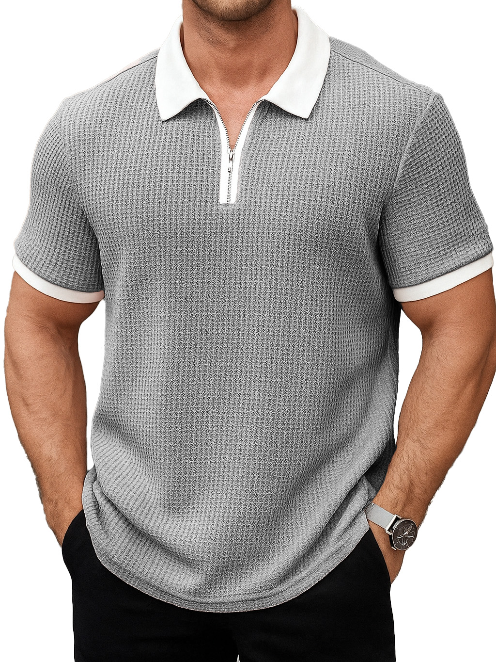 Men's Daily Casual Patchwork Waffle Fabric Lapel Short-sleeved Polo Shirt 