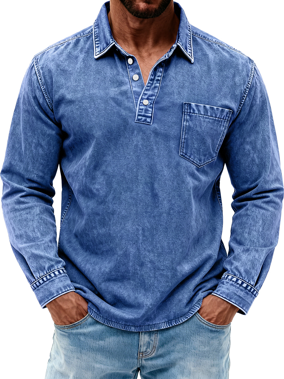 Men's Retro Washed Casual Polo Shirt with Turn-Down Collar and Buttons