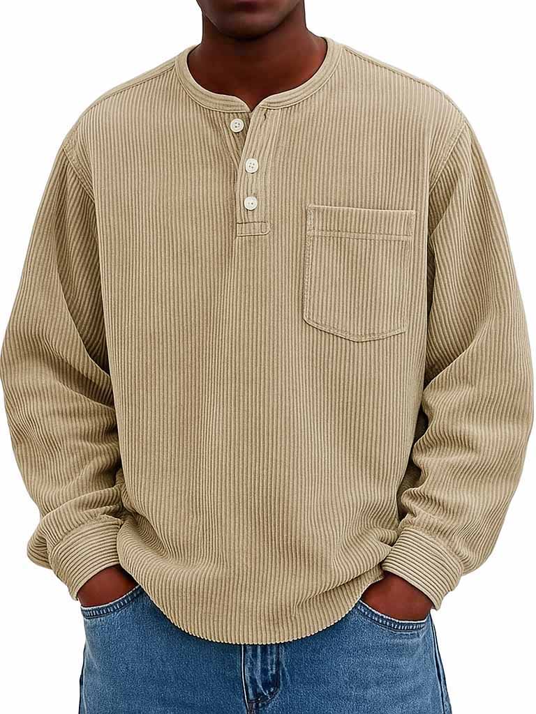 Men's Fashion Casual Corduroy Pocket Long Sleeve Henley Shirt