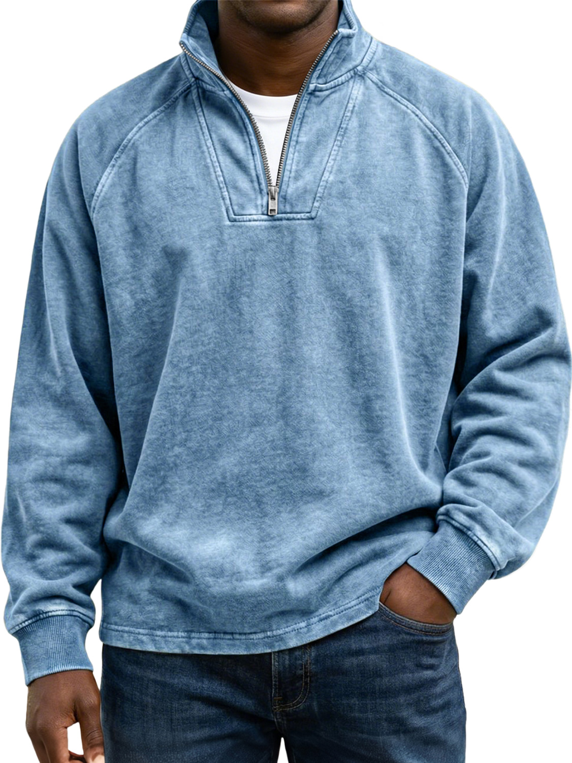 Men's Vintage Raglan Sleeve Stand-collar Zip-up Casual Long-sleeved Shirtt