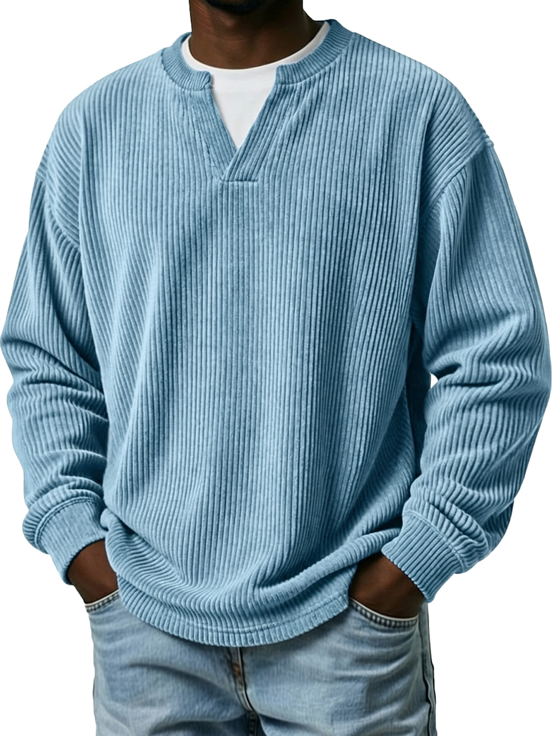 Men's Vintage Corduroy Faux Two-piece Double-collar Casual Long-sleeved T-shirt