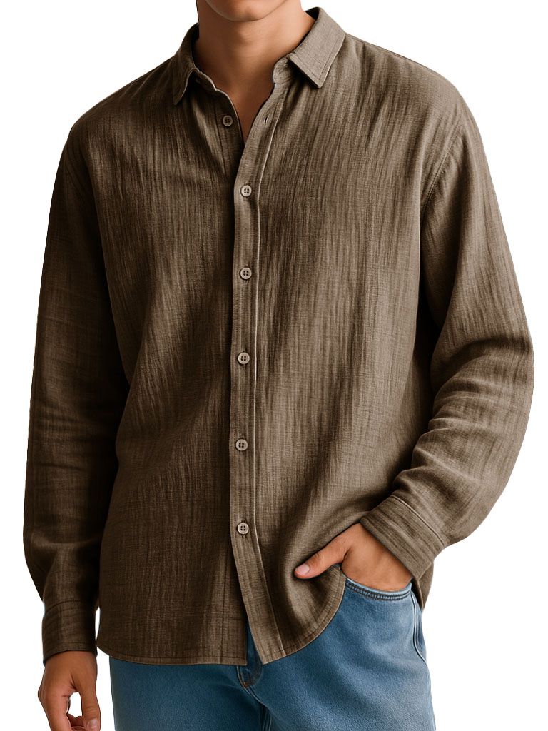 Men's Clothing Fashionable Casual Imitation Linen Fabric Long-sleeved Lapel Shirt