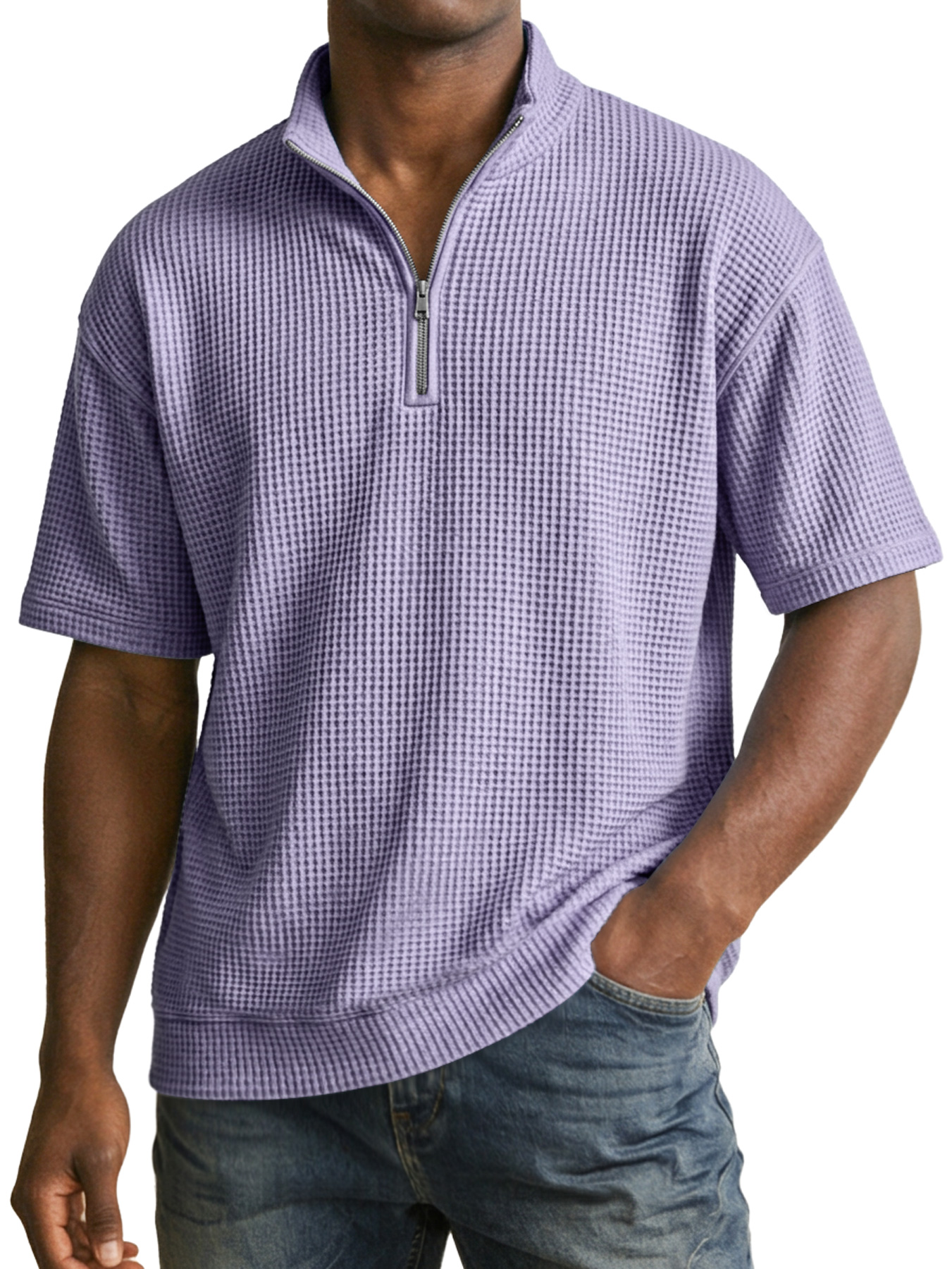 Men's Waffle Collar Zipper Casual Short-Sleeve T-Shirt