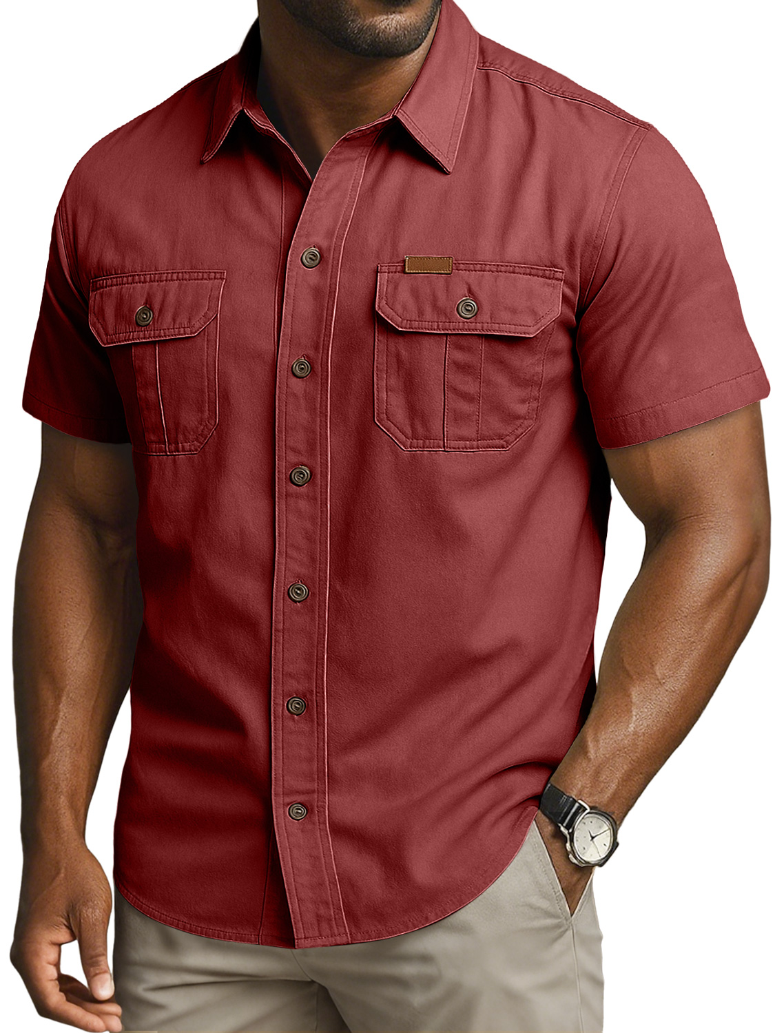 Men's Vintage Double Pocket Embroidered Leather Label Casual Work Shirt