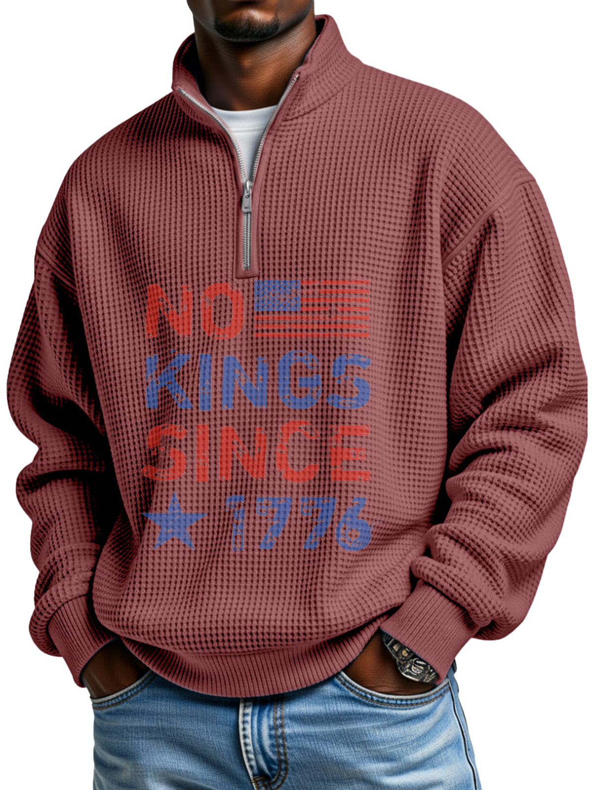 No King Waffle Texture Zipper Stand Collar Long-sleeved Sweatshirt
