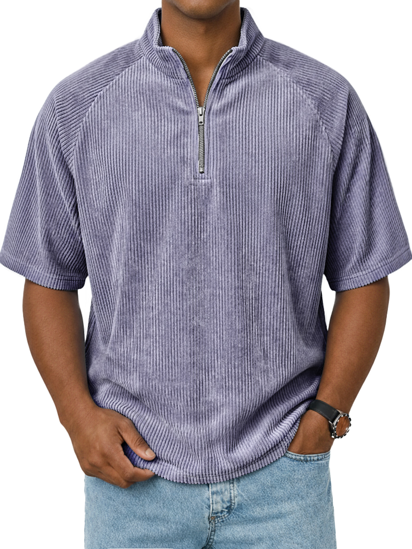 Men's Retro Raglan Corduroy Stand Collar Zipper Casual Short Sleeve T-Shirt