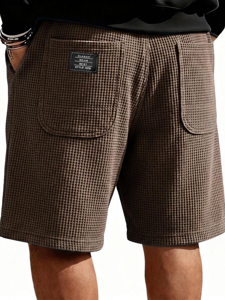 Men's Fashion Casual Waffle Gown with Double Pockets Loose Shorts