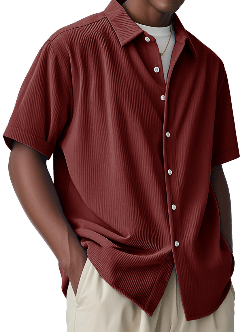 Men's Fashion Casual Striped Fabric Lapel Short-sleeved Shirt