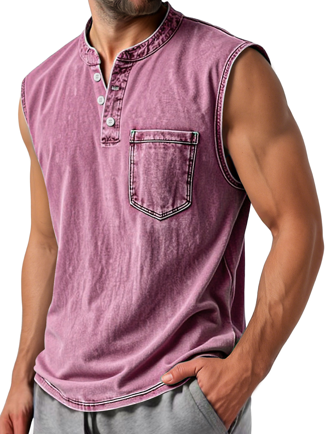 Men's Vintage Stand Collar Button Casual Comfort Sleeveless Henley Shirt