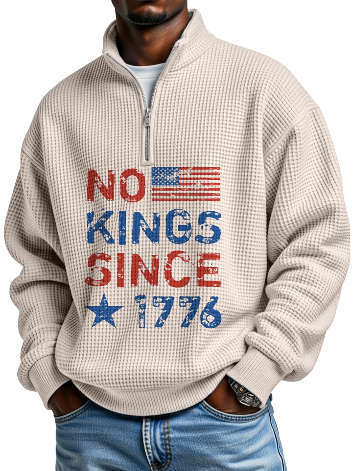 No King Waffle Texture Zipper Stand Collar Long-sleeved Sweatshirt